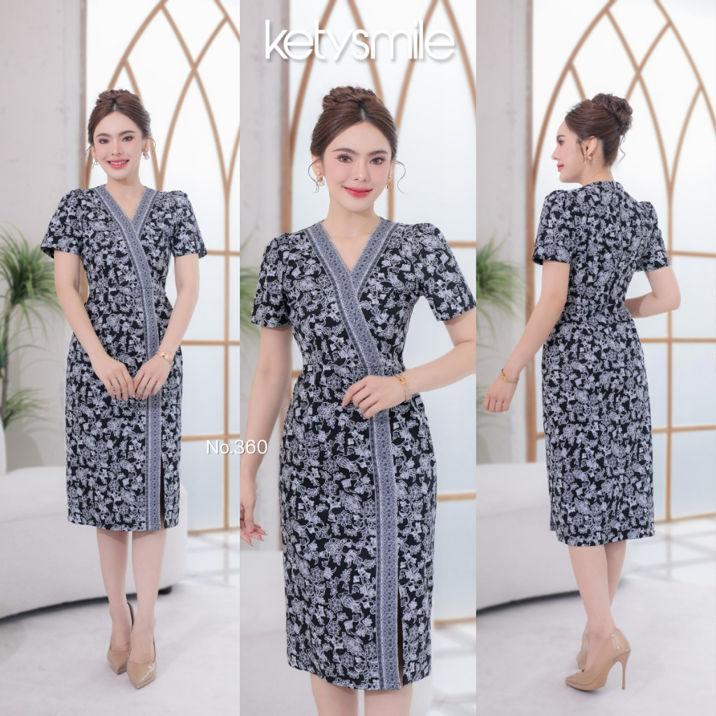 เดรสผ้าคอตต้อนพิมลายปาเต๊ะ คอวีผ่าหน้า อัดกาวทั้งชุด งานขายดียอดฮิต (S-5XL)  KS360