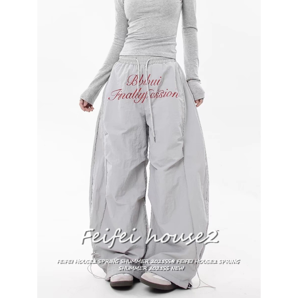 [Quick-drying fabric letter print trousers]กางเกงขากว้างพิมพ์ลายตัวอักษรสไตล์เกาหลีสำหรับผู้หญิง