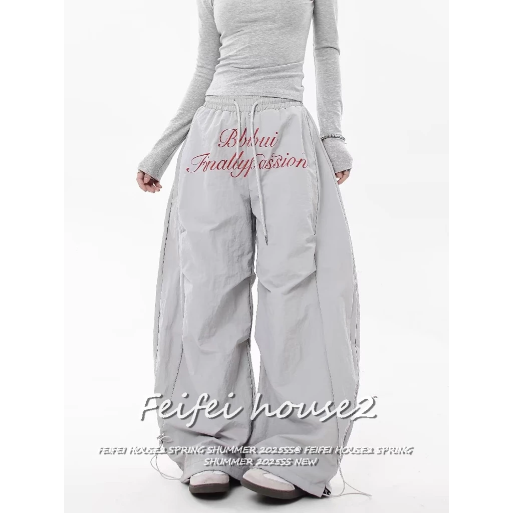 [Quick-drying fabric letter print trousers]กางเกงขากว้างพิมพ์ลายตัวอักษรสไตล์เกาหลีสำหรับผู้หญิง