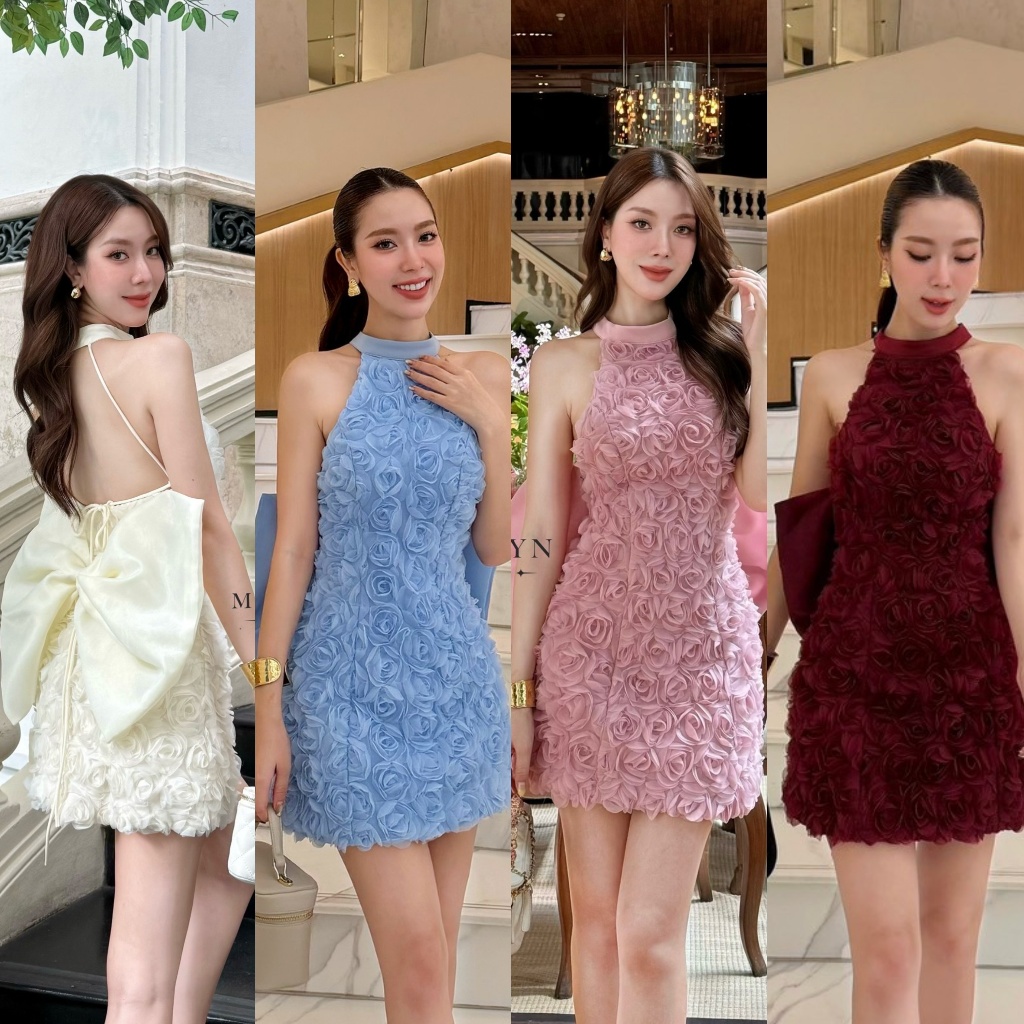❣️พร้อมส่ง📌 Miralyn เดรสแต่งดอกไม้ 3D ด้านหลังแต่งเข็มกลัดโบว์ใหญ่ ใส่ออกงาน ปาร์ตี้ สวย หรู