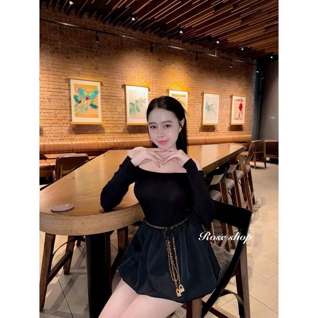 #Ontop ชุดจั้มแขนยาว กระโปรงดีไซน์บอลลูนเสื้อคอเหลี่ยม เรียบหรู แมทช์กับเข็มขัดโซ่ทอง