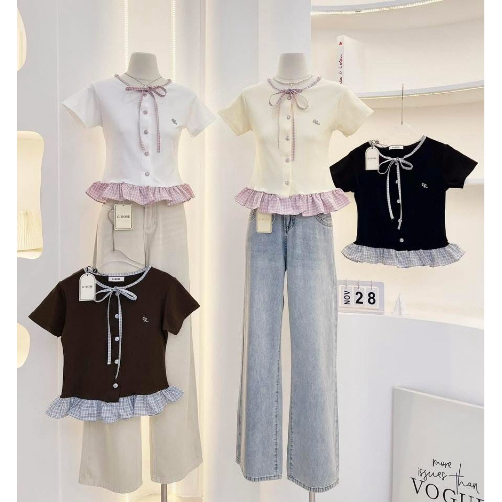 minimums🍓เสื้อแขนนสั้นผูกโบสก๊อต ชายระบายสก๊อต งาน G-ROSE
