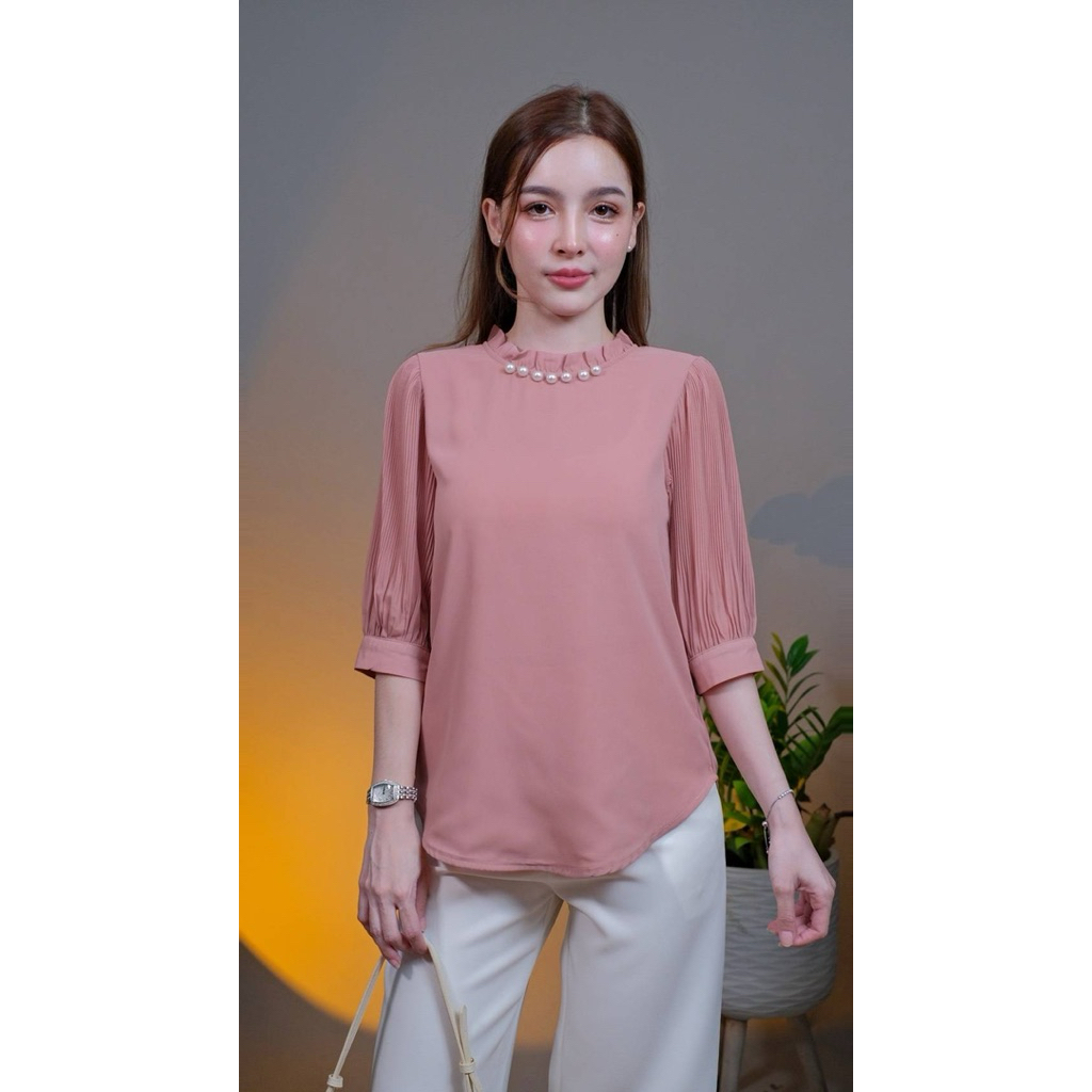 🔥Chanan☘️ 0548 เสื้อชีฟองผสมเกรดดี คอกลมระบายเล็กๆแต่งไข่มุก สีพื้นเรียบหรู ใส่ออกงาน ใส่เที่ยว เสื้อผู้หญิง มี7สี - รูปที่ 2