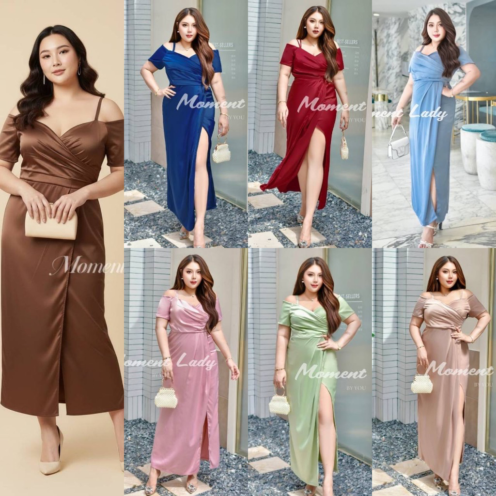 เดรสยาวออกงานสุดหรู สำหรับสาวอวบ แต่งสายสปาเก็ตตี้2เส้น ช่วยพรางรูปร่าง ใส่แล้วไม่ตัน ทรงสวยเป๊ะ ชุดออกงานไซส์ใหญ่ MO