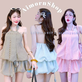 🔥aimorn_shop🔥เสื้อคล้องคอ ผูกโบว์ ลายริ้ว ปลายบอลลูน น่ารักมาก เนื้อผ้าดี ทรงสวยสุดๆ เซ็กซี่เว่อร์