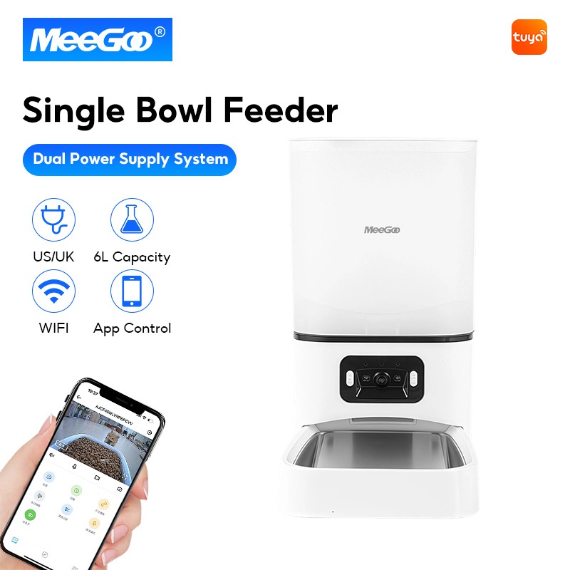 MeeGoo WiFi เครื่องให้อาหารอัตโนมัติ 6L  ตั้งเวลาให้อาหาร pet Feeder พร้อมกล้องวิดีโอ เหมาะสำหรับสุนัขและแมว เชื่อมTUYA