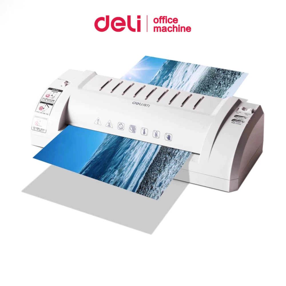 Deli เครื่องเคลือบเอกสาร A3 A4 300mm/min อุ่นไว 5 นาที 80-175mic เสียงเบา เคลือบร้อน/เย็น Laminator