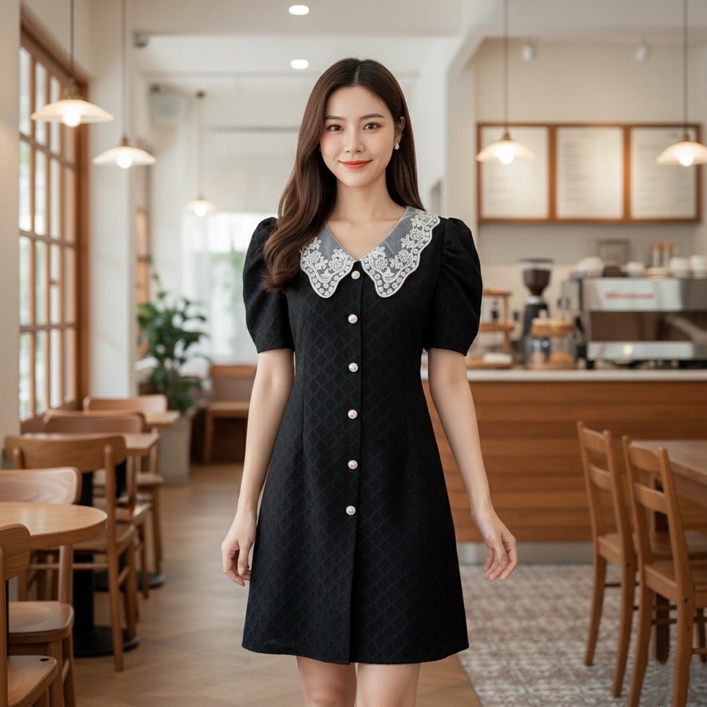 Mook_shop เดรสลักชูแขนเจ้าหญิง ดีเทลคอปกน่ารัก