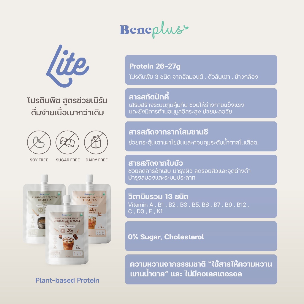 Beneplus Lite Protein (1 ซอง) : รสช็อกโกแลตมอลต์ โปรตีนพืชสูง 26g สูตร Soy Free ช่วยเผาผลาญ ดื่มง่าย ไม่มีน้ำตาล แคลต่ำ - รูปที่ 2