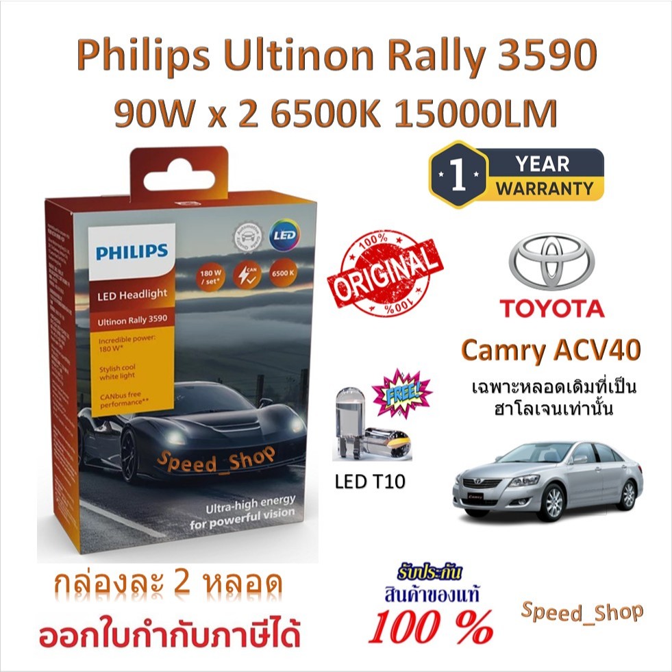 Philips หลอดไฟหน้ารถยนต์ Rally 3590 LED 90W x 2 6500K 15000LM Toyota Camry ACV40 หลอดเดิมฮาโลเจน