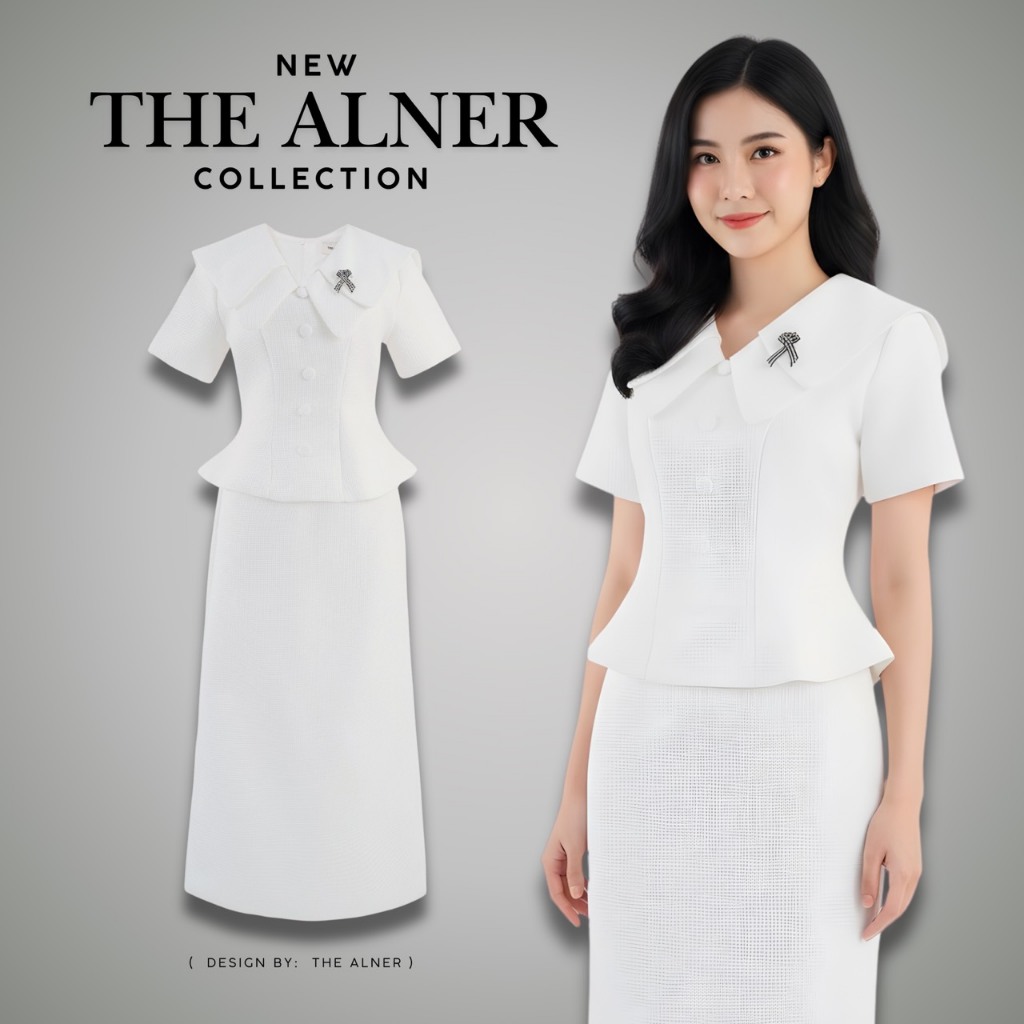Thealner-AN423 (เซตเสื้อขาวคอปก2ชั้น+กระโปรงยาว)