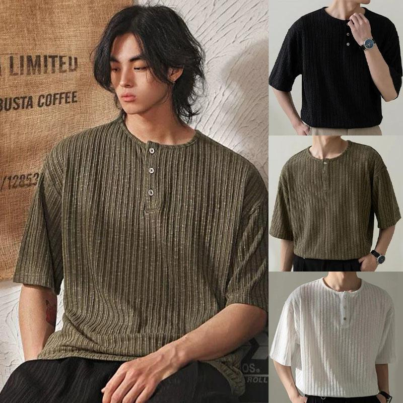เสื้อยืดคอกลมแขนสั้นชายสไตล์เกาหลีย้อนยุค ผ้าใส่สบาย ทรงหลวม สไตล์เบสิค [COD]