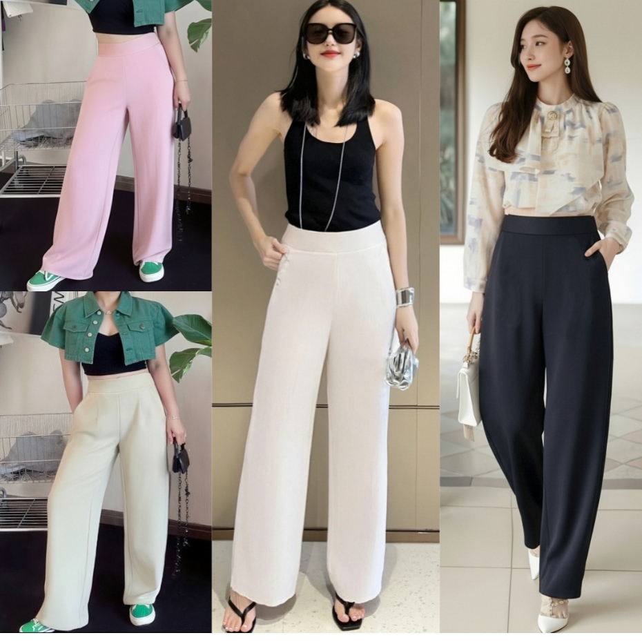 GHAOHES กางเกงใส่ทำงานขากว้างผู้หญิง สีดำขาวชมพูเขียว กางเกงลำลองใส่ทำงานเมทร์ง่