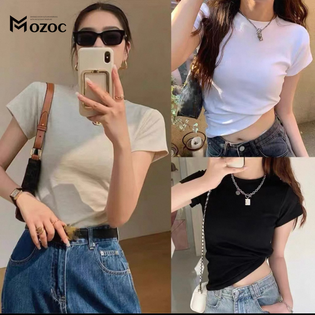 MOZOC สุภาพสตรีเรียบง่ายสีทึบคอกลมสั้นด้านบนไหล่บวกบางแขนสั้นออกแบบความรู้สึกร้อยด้านบน