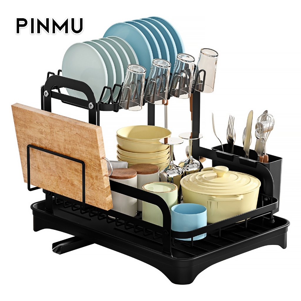 PINMU ชั้นวางของอเนกประสงค์ ที่คว่ำจาน มีถาดรองน้ำหยด+ท่อระบายน้ำ ชั้นวางห้องครัว ชั้นวางของเหล็ก