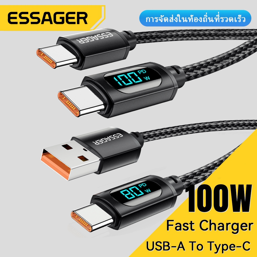 7A Essager 100W USB A To Type C To C แสดงสาย PD สายชาร์จเร็วสำหรับ Xiaomi Poco3 Samsung Huawei