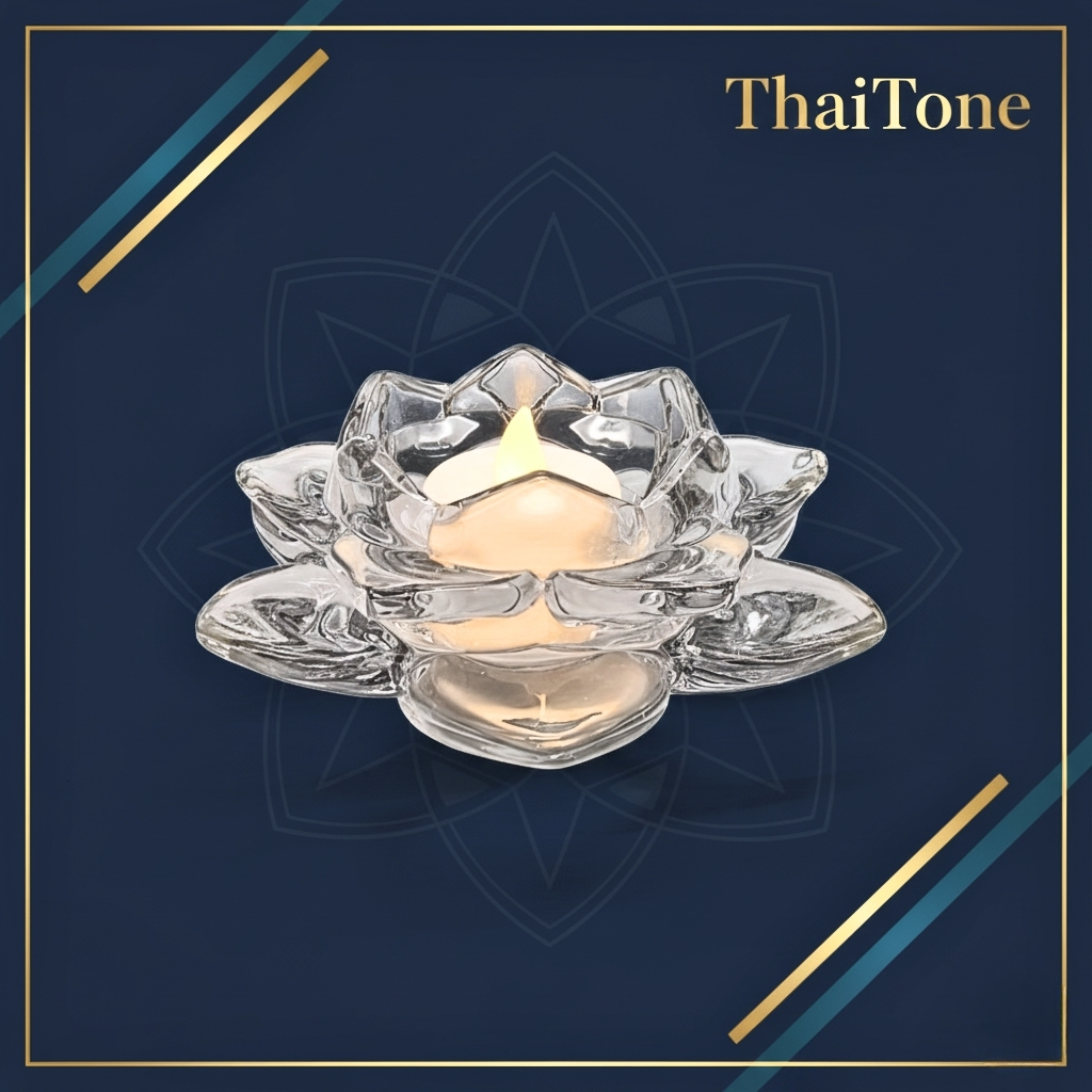 ชุดบูชาหิ้งพระ ดอกบัวแก้วคริสตัล+เทียน LED หรือ+แก้วน้ำพระ เรียบหรูดูดี Crystal-01