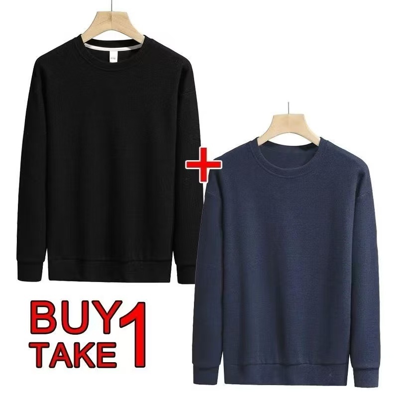 TwoStar ซื้อ 1 แถม 1 เสื้อยืดแขนยาววาฟเฟิลเรียบสำหรับผู้ชาย คอกลม เสื้อสเวตเชิ้ต ราคา ถูกที่สุด ดีลบีเคเค แกลเลอรีภาพที่ 8