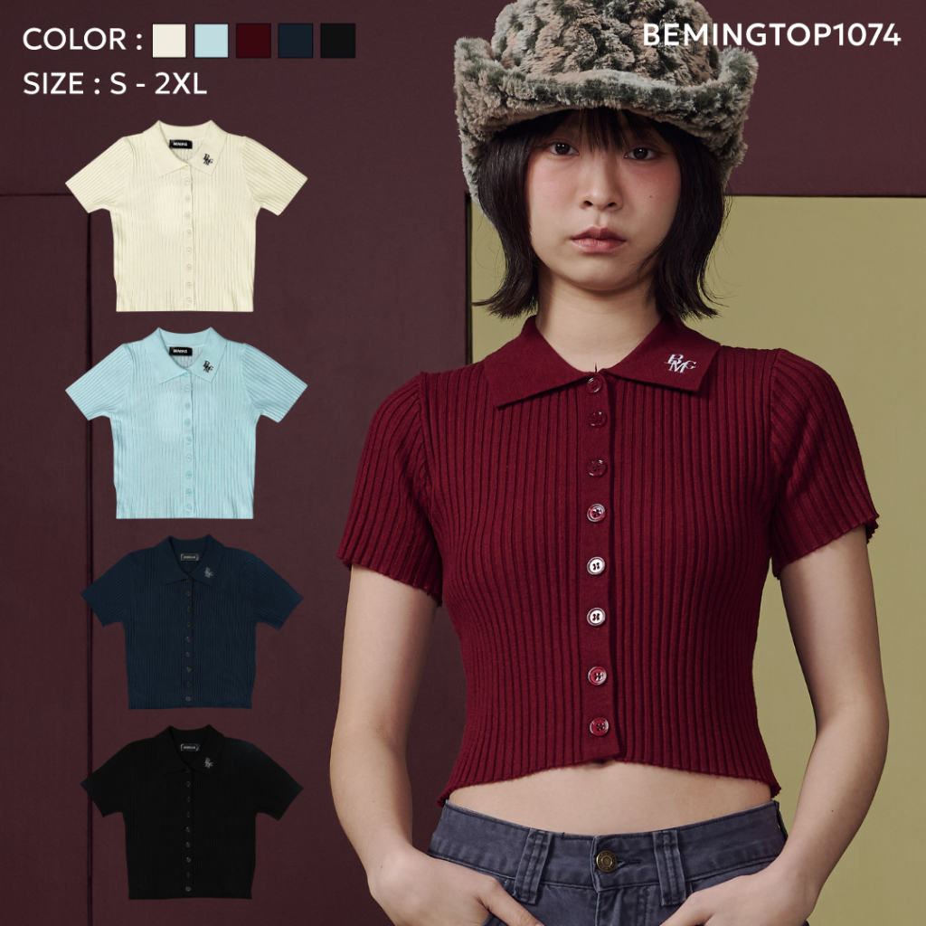 Bemingtop1074(S-2XL)-BMG Soft Rib Polo Knit - เสื้อไหมพรม ผ้าร่องคอปกกระดุมหน้า โลโก้ BMG ที่ปกเสื้อ