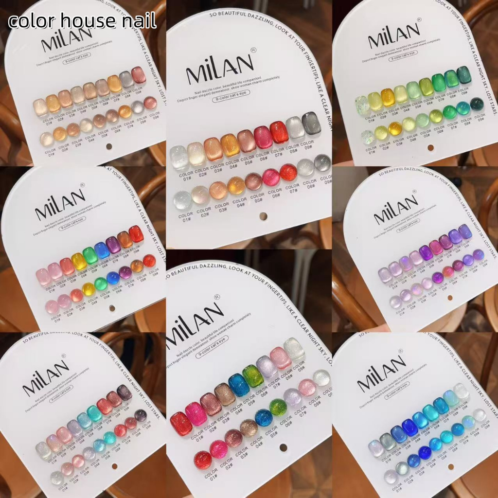 MILAN  9 สี  สีเจลแคทอายเนื้อซาติน /สีเจลแฟลช /สีเจลกลิซเตอร์  พร้อมชาร์ทโชว์