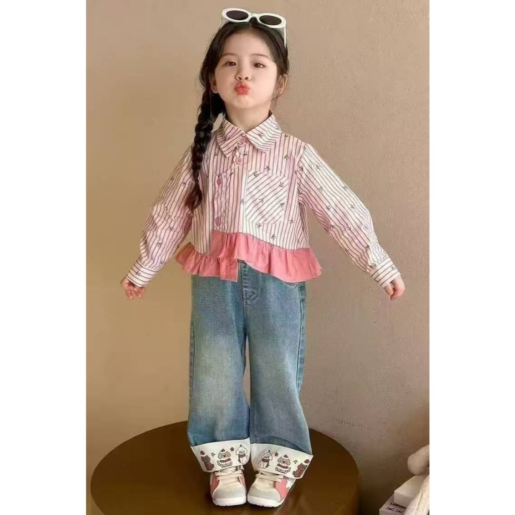 B542 ชุดเด็กงานเซ็ทเสื้อแขนยาว+กางเกงยีนส์