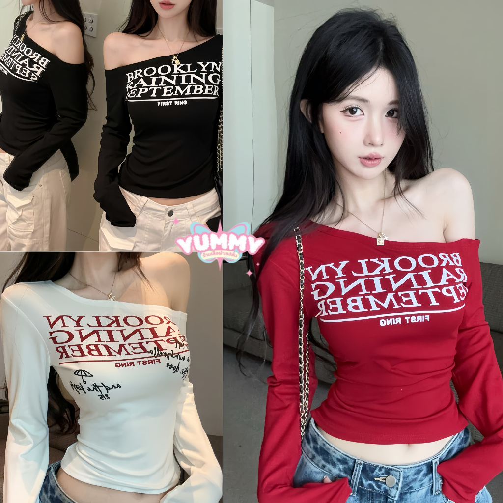 🎀Yummy Shop🎀㈩㈡ เสื้อเปิดไหล่แขนยาว เสริมฟองน้ำในตัว เปิดไหล่ ลายพิมพ์ ทันสมัยและเซ็กซี่ เสื้อ' FY5175