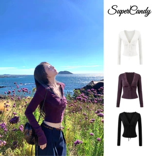 SuperCandy🌷เสื้อยืดแขนยาวทรงเข้ารูปสำหรับผู้หญิง จับคู่กับเสื้อลูกไม้คอวีผูกด้านหน้า
