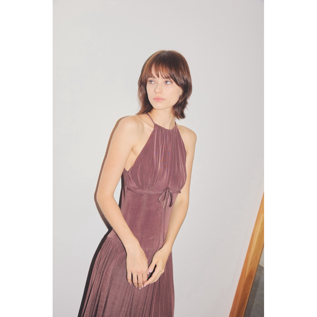 Pleased Canele Halter Drape Maxi Dress