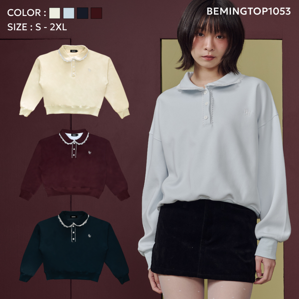 Bemingtop1053(S-2XL)-BMG CharmRuffle Sweater – เสื้อสเวตเตอร์คอบัวฉลุลูกไม้ลุคเรียบหวาน ที่ใส่แล้วดูอบอุ่นน่ารัก