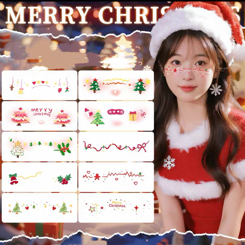 พร้อมส่ง❄️🎄🎅🏻 สติ๊กเกอร์แต่งหน้า คริสต์มาส แทททุติดหน้า แก้ม น่ารัก กันน้ํา สําหรับปาร์ตี้คริสต์มาส