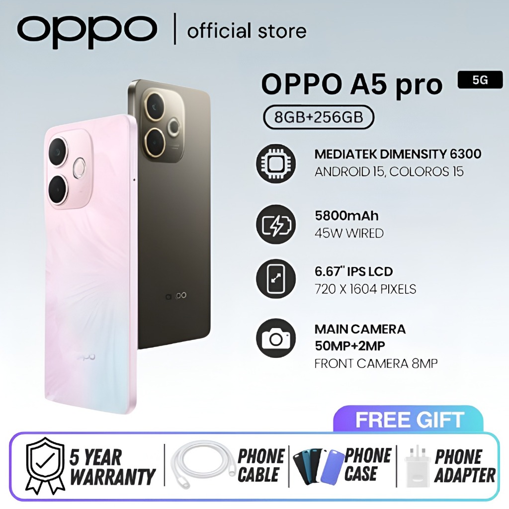 สมาร์ทโฟน OPPO A5 Pro 5G (8GB + 256GB) | หน้าจอ 6.67″ 120Hz | แบตเตอรี่ 5800mAh