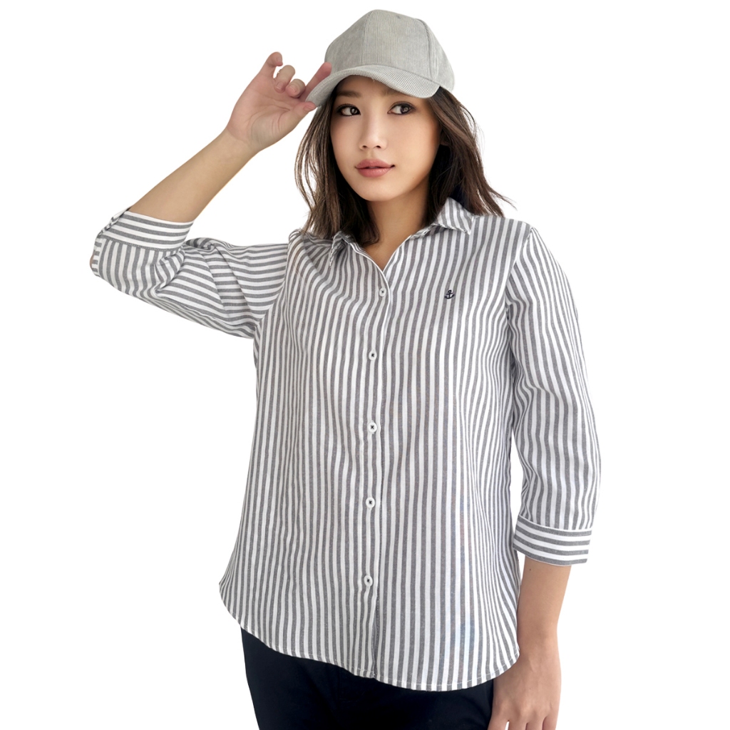 * Best price * PORTLAND เสื้อเชิ้ต แขนยาว คอปก ลายทาง แขนยาว สีเทา-ม่วง / 3/4 Sleeve Striped Shirt (Gray-Purple)