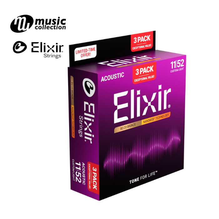 Elixir® Nanoweb สายกีตาร์โปร่ง เบอร์ 11 เคลือบ Bronze (Custom Light, 11-52) (3-Pack) #16564