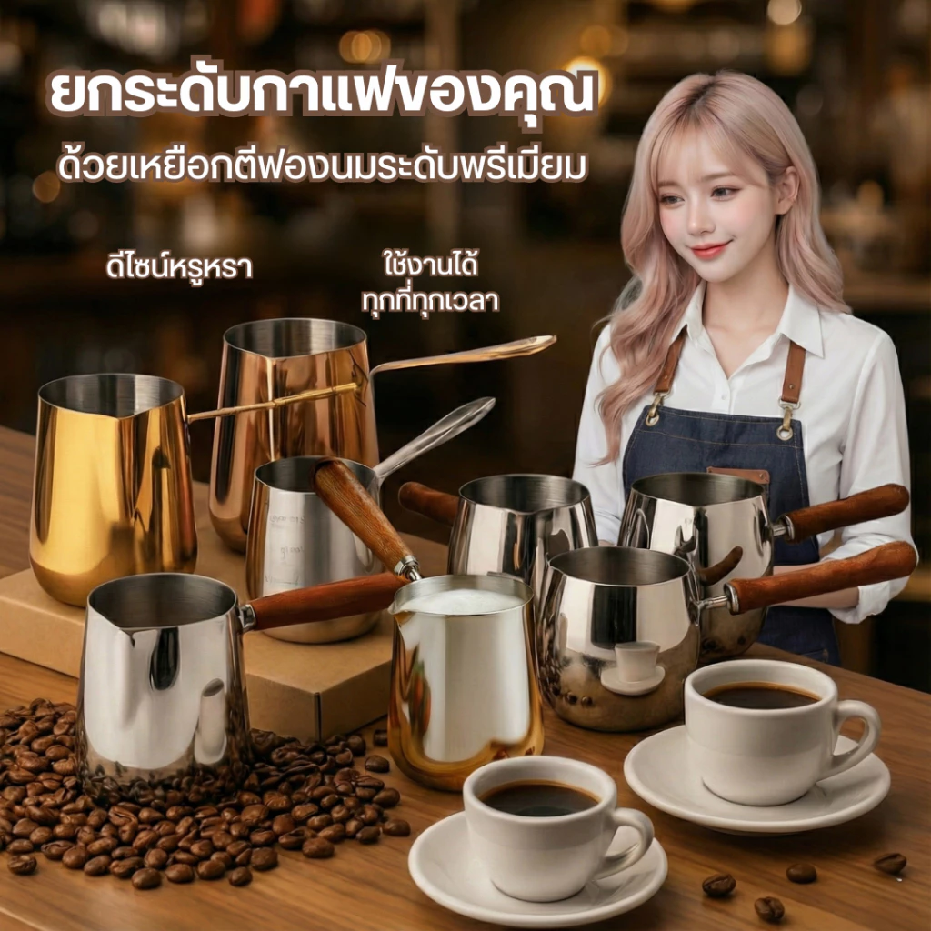 เหยือกตีฟองนม ถ้วยตีฟองนม เหยือกนม หม้อกาแฟ หม้อตรุกีด้ามไม้ ดีไซน์สวย แข็งแรง ทนทาน สำหรับทำกาแฟสด ลาเต้อาร์ต ฯลฯ