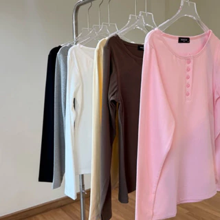 เสื้อแขนยาวแต่งกระดุม ผ้าคอตตอนนุ่มใส่สบาย ยืดได้เยอะ กระดุม 5 เม็ดใช้งานได้จริง (กระดุมแขนยาว)