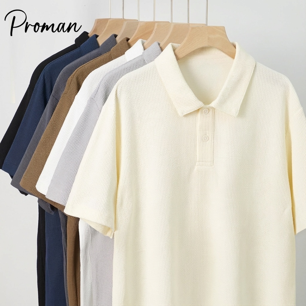 PROMAN เสื้อแขนสั้นผู้ชายสไตล์วินเทจ ผ้าวาฟเฟิลสบาย ปกเสื้อสีเรียบ มีสีให้เลือกใส่ได้ทุกโอกาส