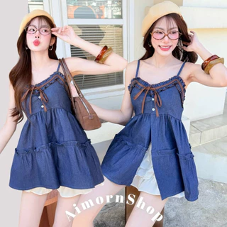 🔥aimorn_shop🔥(ขายแยกชิ้น)สายเดี่ยวยีนส์ ระบายน่ารักๆ เพิ่มความคิ้วท์ด้วยโบว์สีน้ำตาลตัด สวยมาก ผ้าใส่สบาย