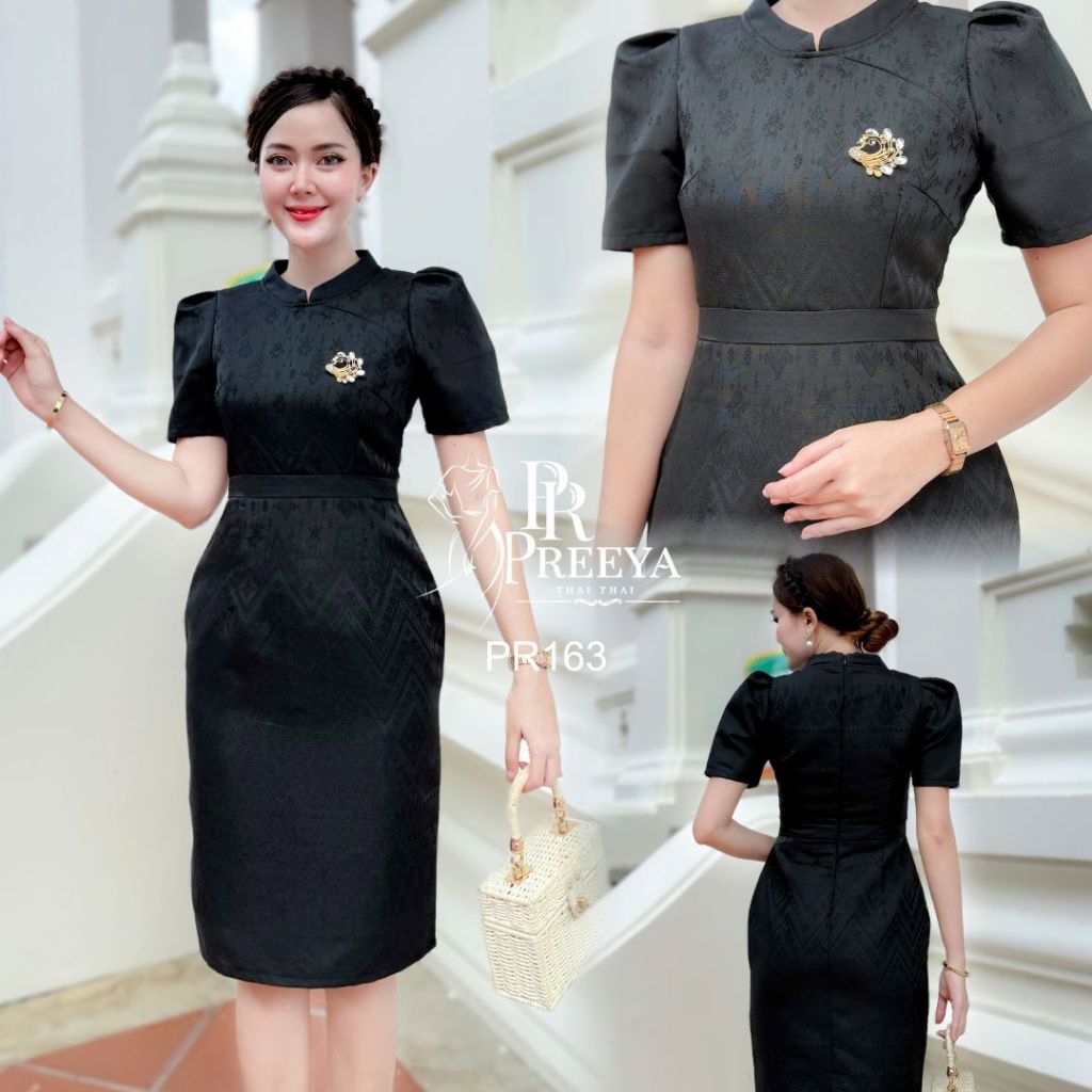 PR163 เดรสผ้าฝ้ายทอลาย ยกแขน อัดกาวทั้งชุด  แบรนด์ preeya มีไซส์S-4XL