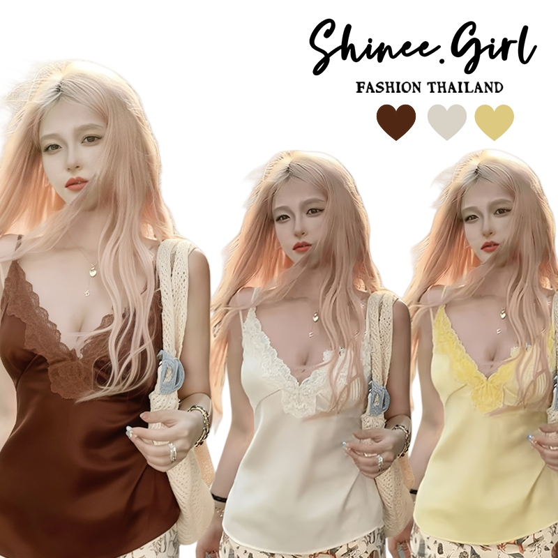 SHG เสื้อกล้ามคอวีลึก ซาตินลูกไม้ ดีไซน์บัลเล่ต์คอร์ ลุคหรูแวววาว สีพื้น (พร้อมส่ง)