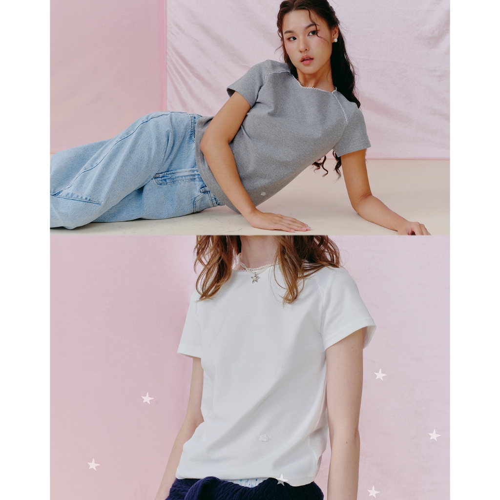 JELLYPLEASE (Sweet Moment) - LILA tshirt | Boat-neck tee with lace details