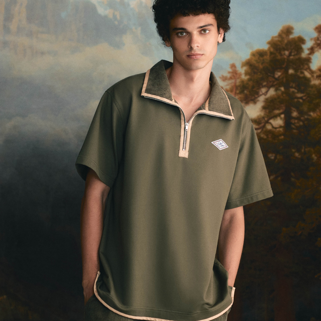 [MOO 12/25] Camping Zip-up Polo Shirt เสื้อโปโลแขนสั้น ผ้ายืด แต่งคอปกผ้าลูกฟูกดีเทลกุ๊นขอบก้างปลา ซิปหน้า แต่งดีเทล MOO