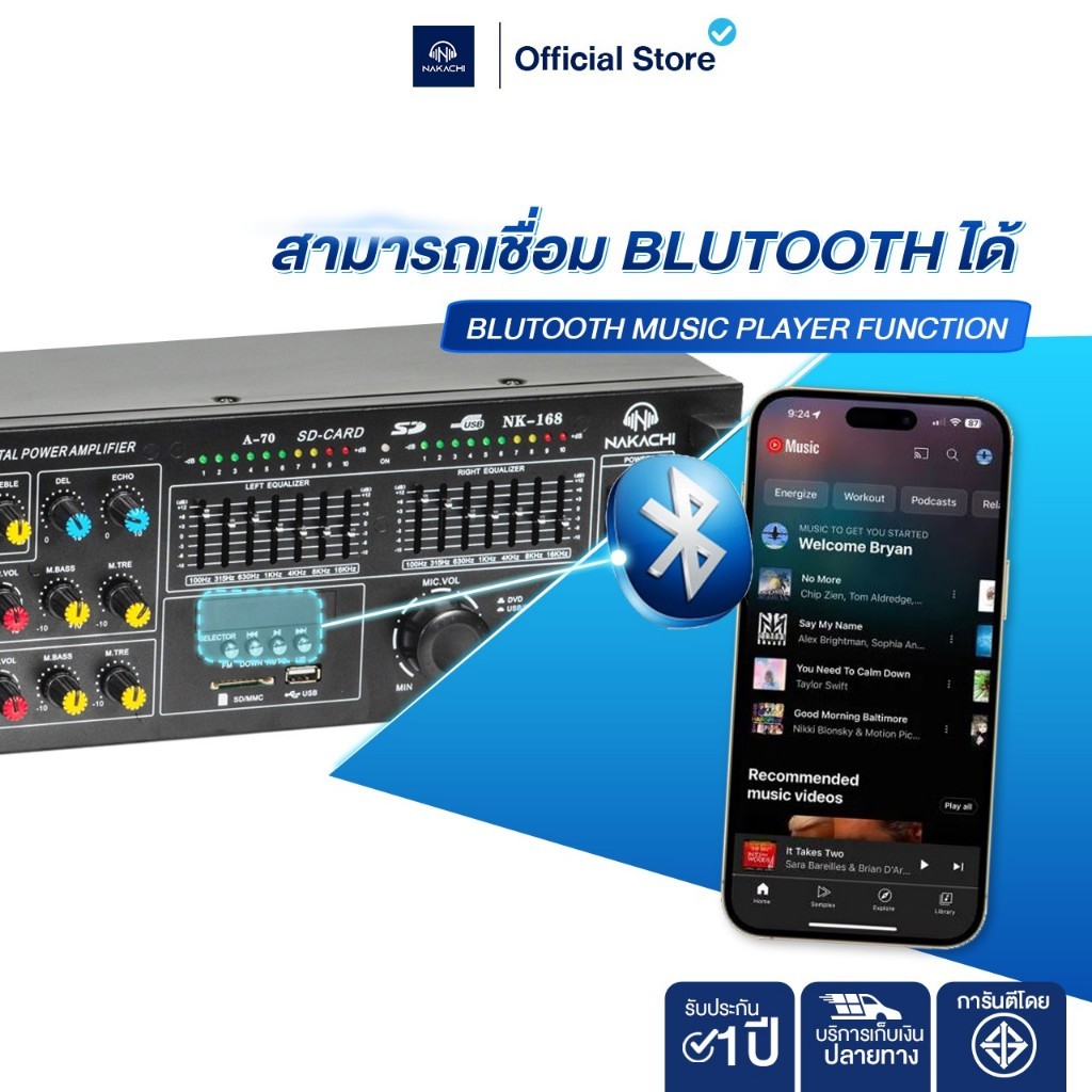 NAKACHI NK-168 แอมป์ขยายเสียง300W มี EQ ปรับเสียงได้ รองรับ USB/Bluetooth ขับลำโพงแรง เสียงดีคุ้มค่า