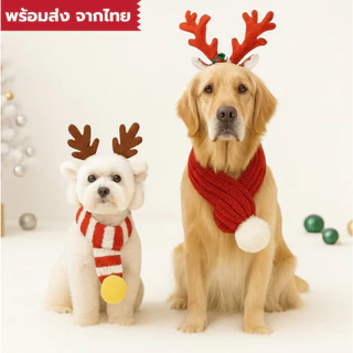 ชุดคริสต์มาสหมาใหญ่ ชุดซานต้าหมา-แมว ผ้าพันคอไหมพรม/หมวกกวาง/หมวกซานต้า หมาใหญ่ใส่ได้