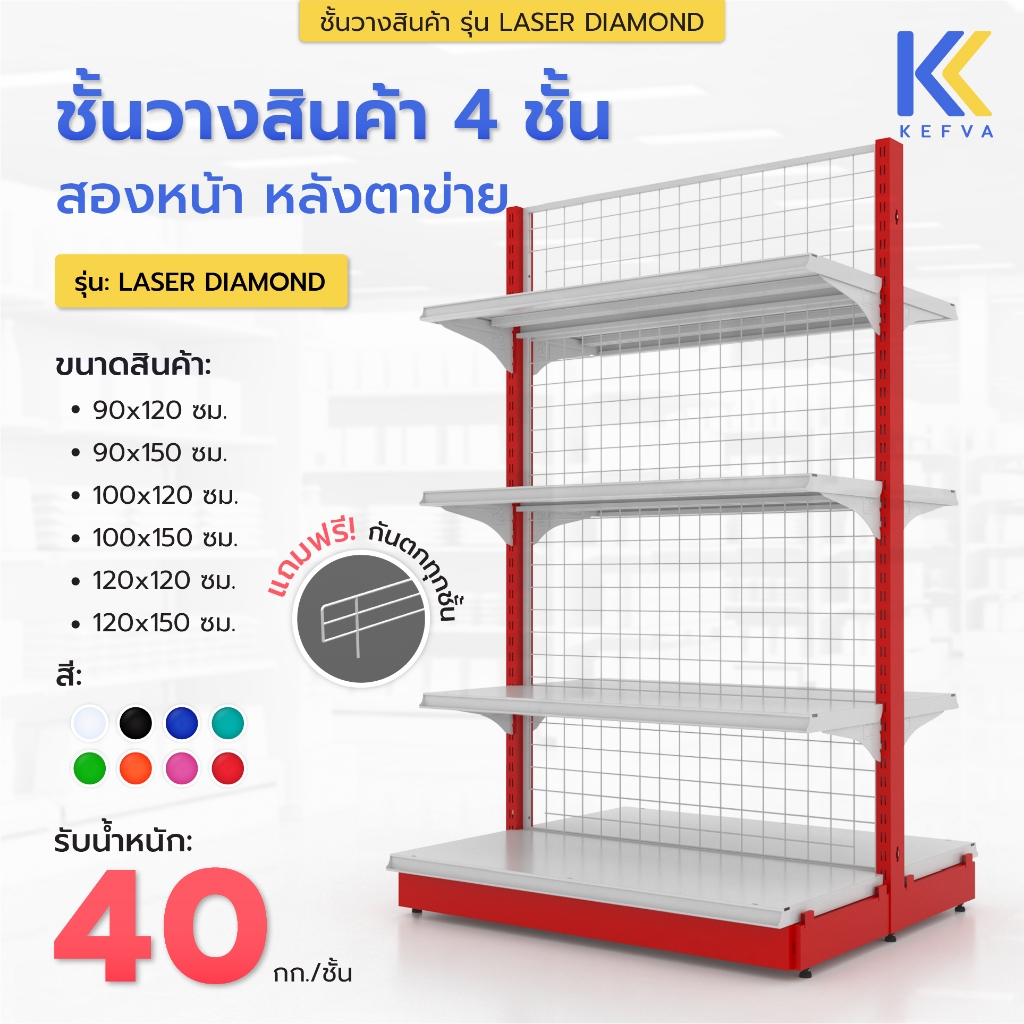 ชั้นวางสินค้ามินิมาร์ท 4 ชั้น หลังตาข่าย สองหน้า สูง 120-150 cm รุ่น Laser Diamond รับนน. 40kg/ชั้น