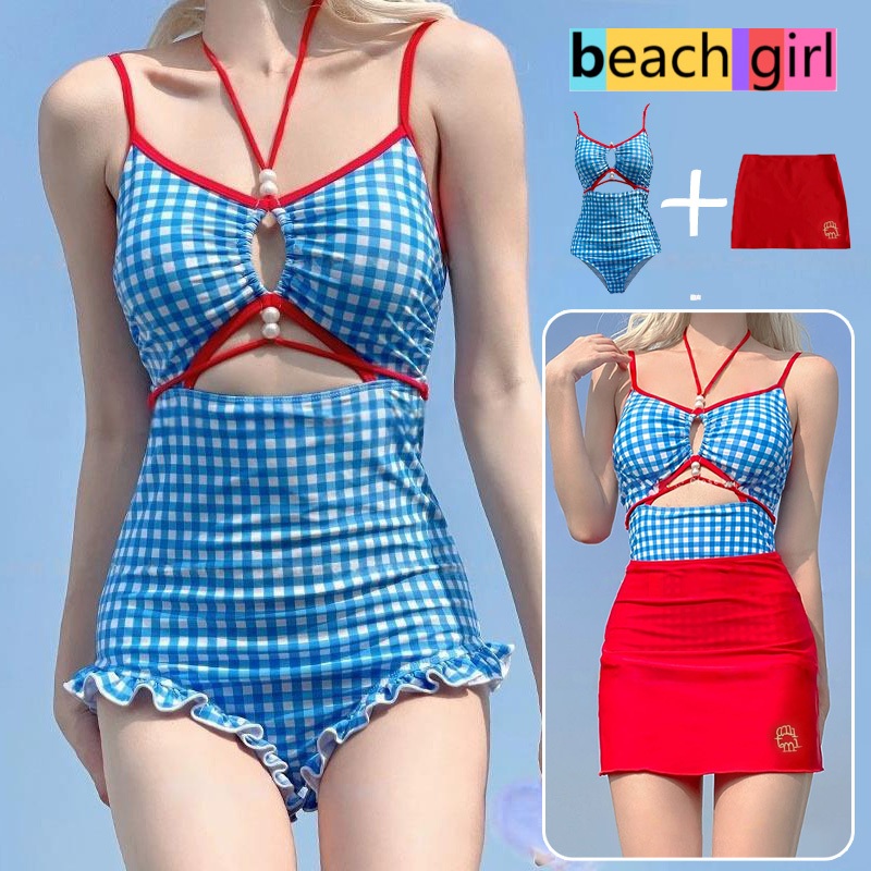 💯beach girl💯ชุดว่ายน้ำวันพีช สไตล์หวานๆ ชุดว่าย ลายสก๊อต แฟชั่นใหม่ คุณภาพสูง เปลือยหลัง แฟชั่นทะเล พร้อมส่งจากไทย
