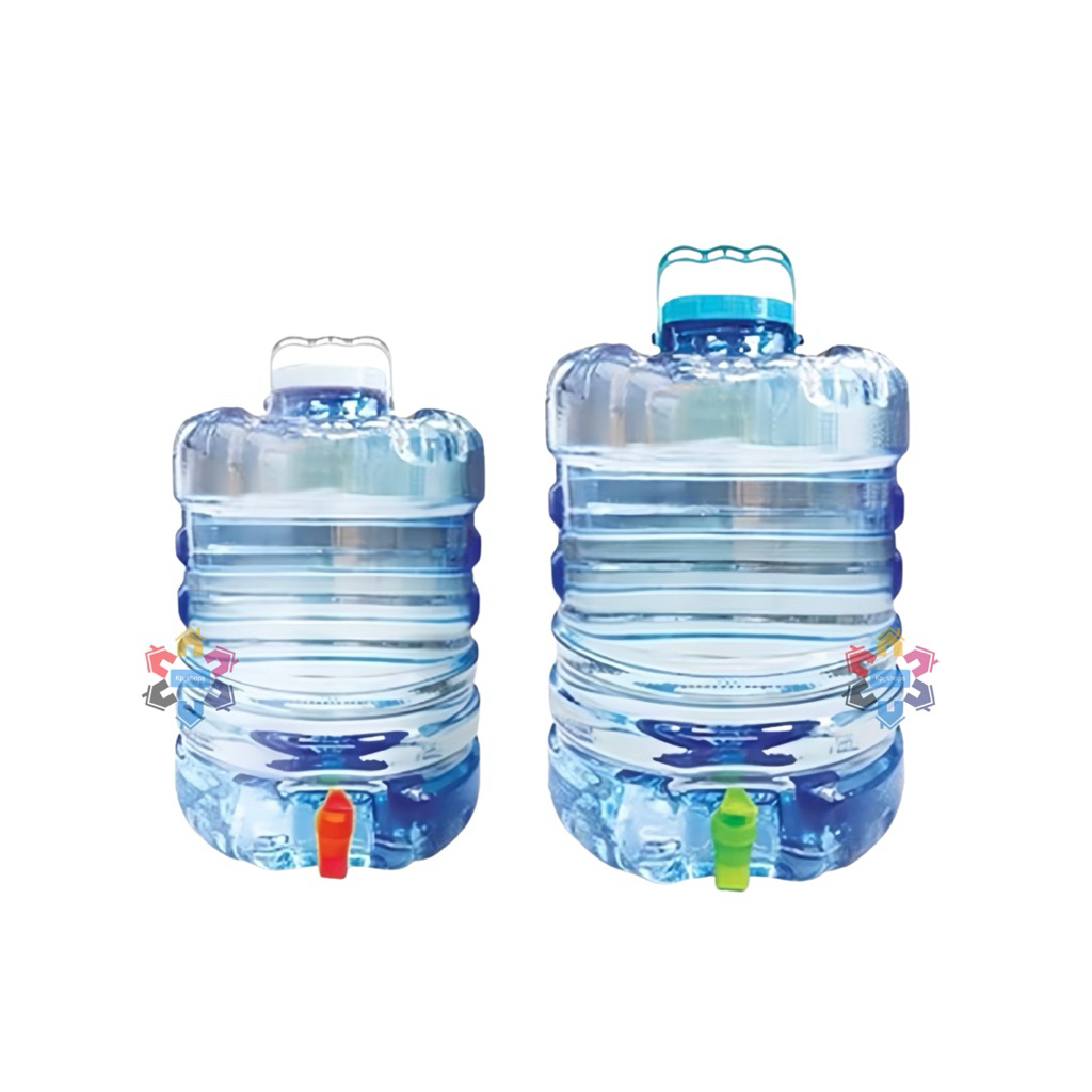 ถังใส่น้ำดื่ม20Lและ10L ทรงกลมมีก๊อก มีหูหิ้วบนฝา สีฟ้าใส แข็งแรง น้ำหนักเบาพกพาง่าย มี 2 ขนาด