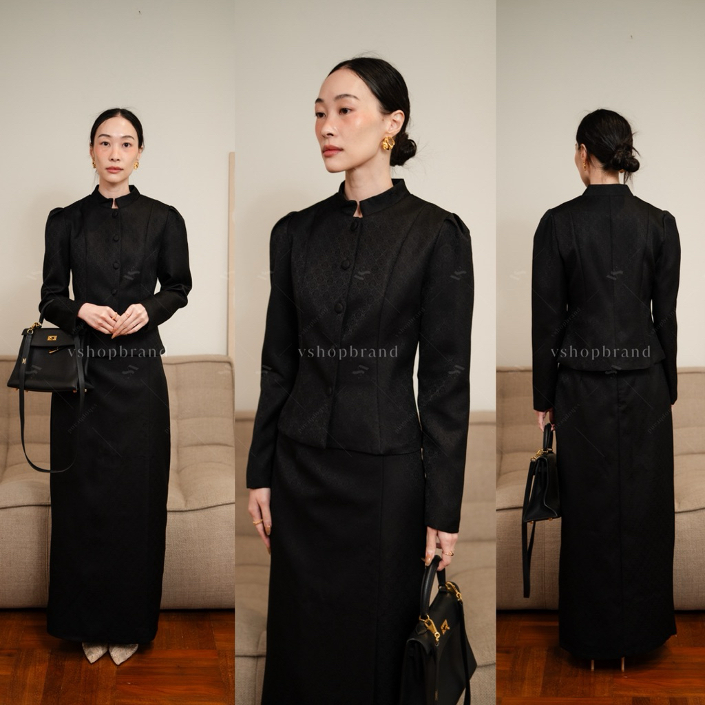S-3XL 2558-2 Set ชุดไทยจิตลดาผ้าลายไทย ชุดไทยจิตลดาสีดำ Vshop