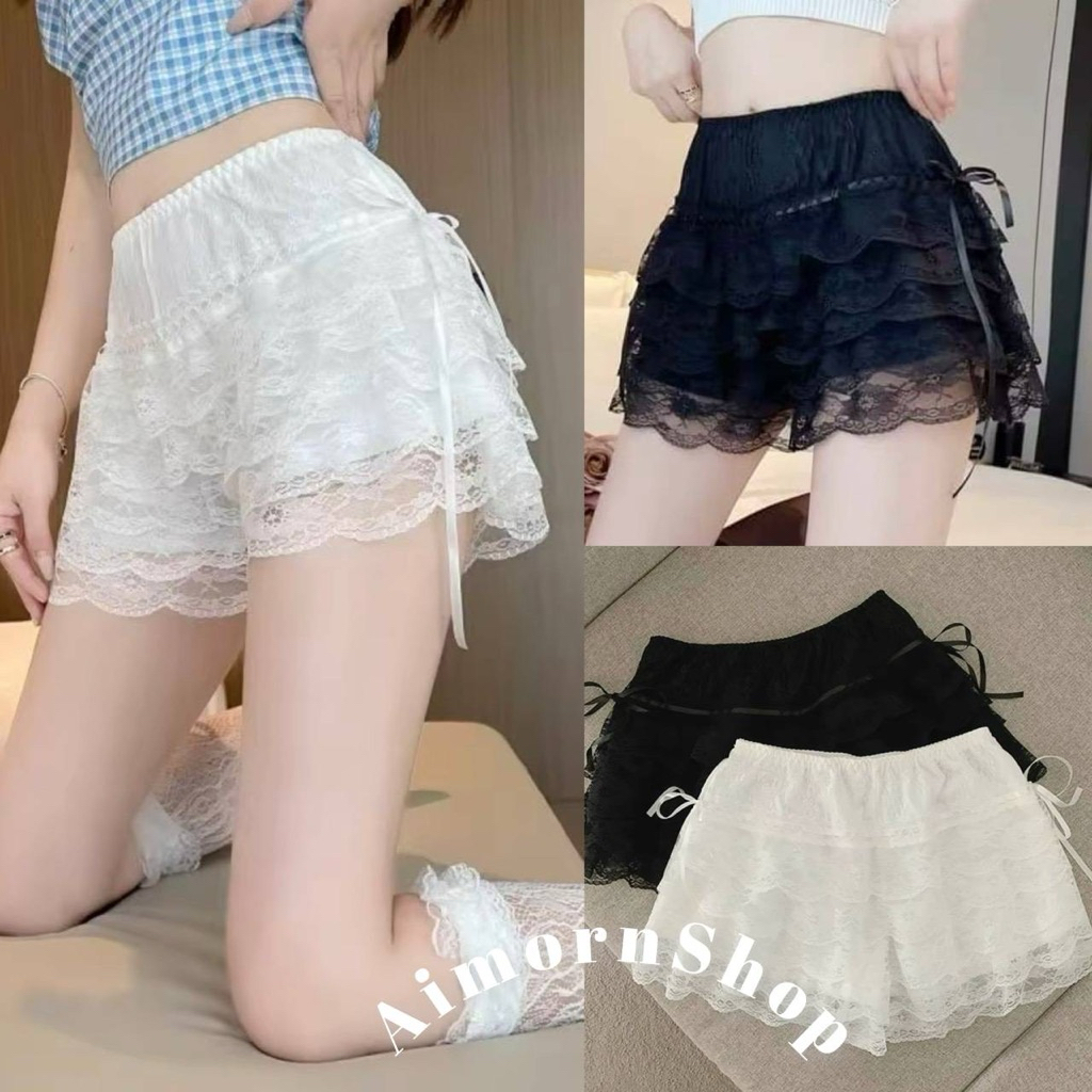 🔥aimorn_shop🔥กางเกงขาสั้นลูกไม้ แต่งโบว์จิ๋วด้านข้าง สวยเซ็กซี่สุดๆ ลูกไม้แน่นๆชัดๆ