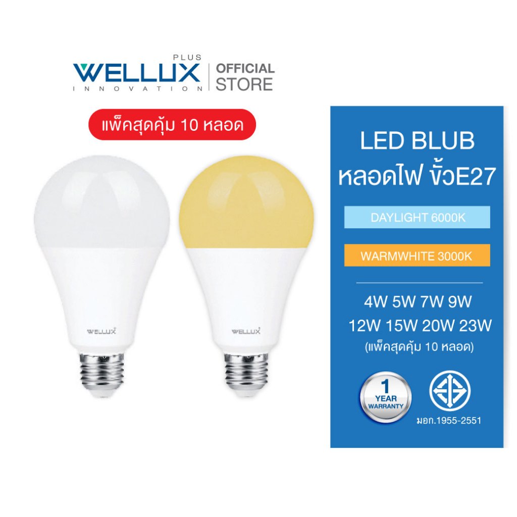 [10หลอด]WELLUX หลอดไฟ 4W 5W 7W 9W 12W 15W 20W 23W แสงขาว แสงวอร์ม LED BULB ขั้ว E27 รับประกัน 1 ปี