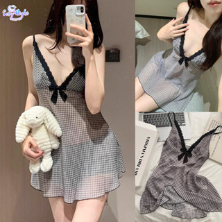 ชุดนอนเซ็กซี่🌟🌟ชุดเดรสสลิป sexy ลายสก๊อต เดรสลูกไม้ คอวี หลั…